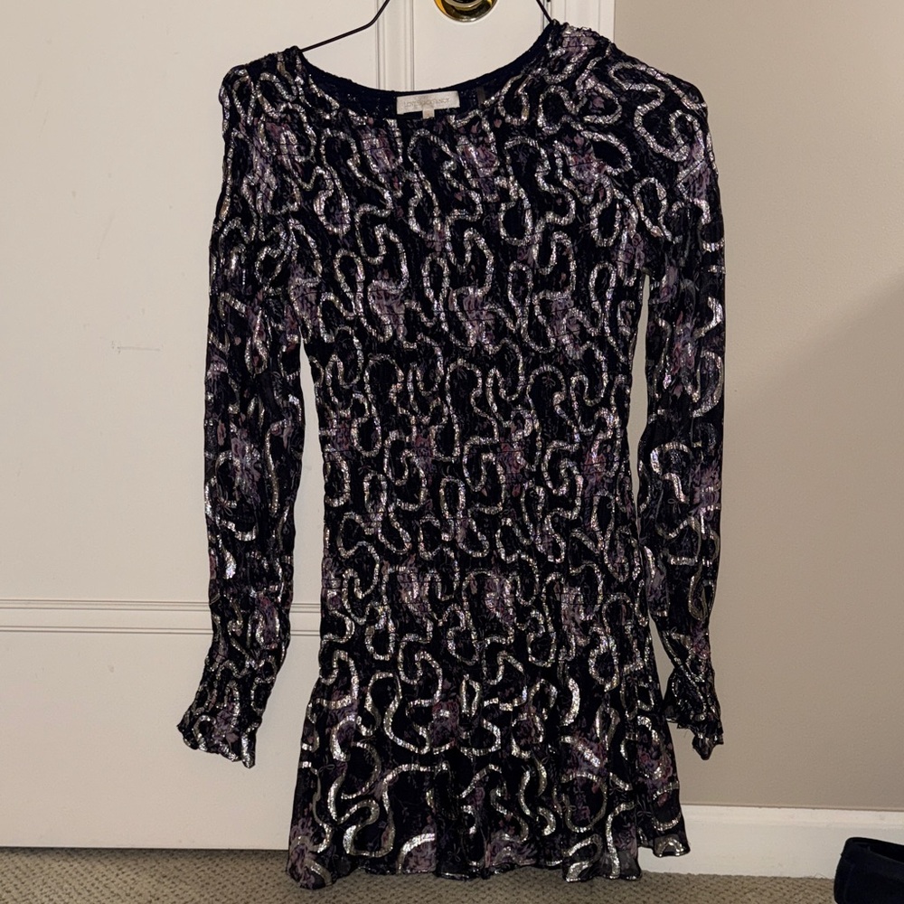 LoveShackFancy Black Metallic Floral Mini Dress